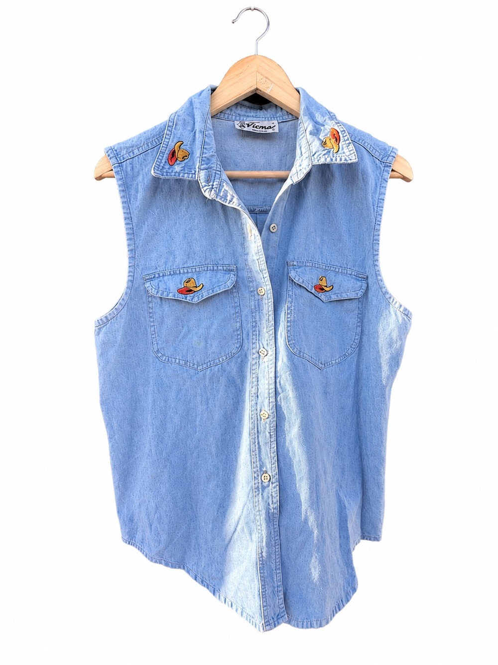 Vintage Western Chambray Embroidered Cowboy Hat Sleeveless Button Up Cowgirl